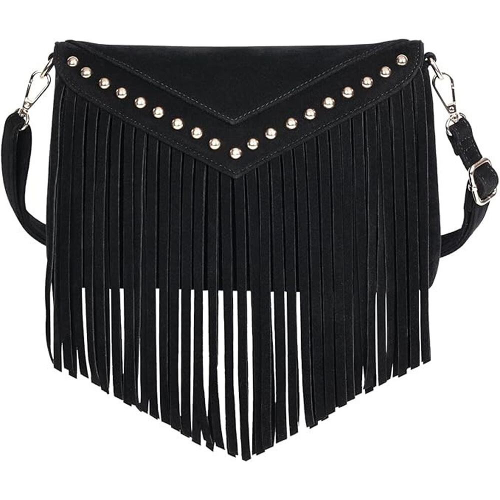 Black Faux Suede Gold Studded Fringe Moto Boho Western Crossbody Shoulder Bag